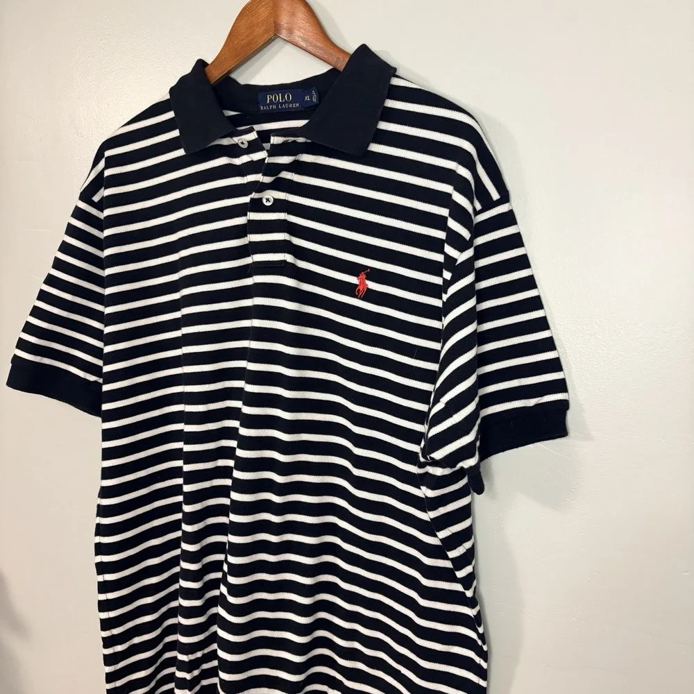Polo by Ralph Lauren Black and White Striped Polo Shirt Men's XL Red Pony